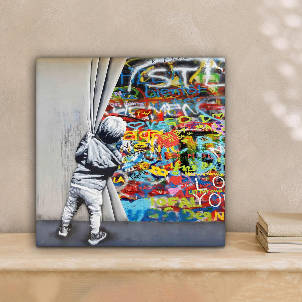 LEINWANDBILD Graffiti - Junge - Ilussie - Straßenkunst Deko Wohnzimmer 20x20 cm - Hellgrau, Textil (20/20cm) - MuchoWow