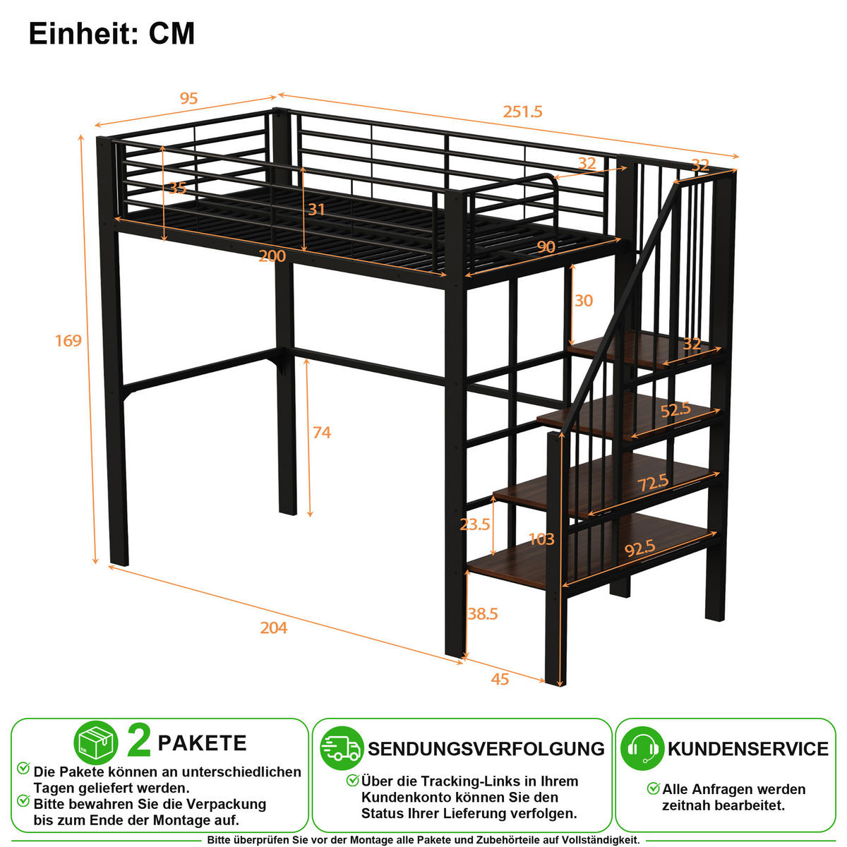VYVÝŠENÁ POSTEL 90/200 cm v černé barvě se schody a prostorem pod lůžkem - černá, kov/kompozitní dřevo (90/200cm) - CHICFURN