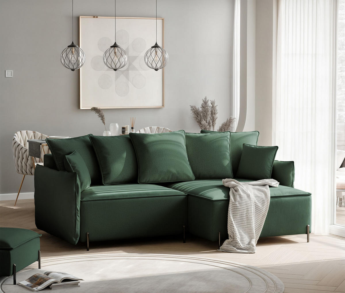 ECKSOFA MARCO Rechts, mit Schlaffunktion und Bettkasten, Grün - Grün, Textil/Metall (221/148cm) - Idohome