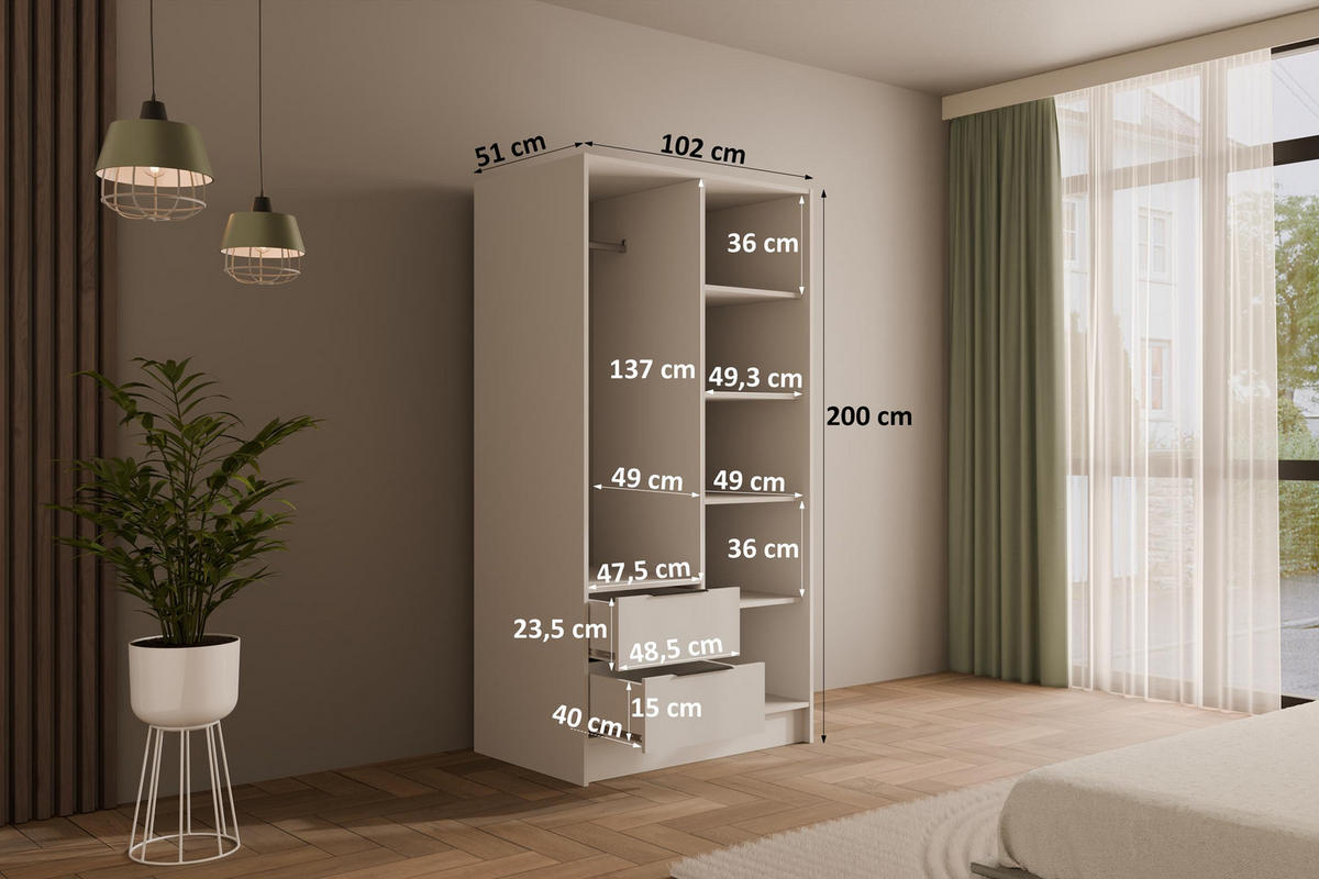 KLEIDERSCHRANK NELIA - 120 cm - Weiß/Eiche Artisan, Holzwerkstoff (102/200/51cm) - ALTDECOR