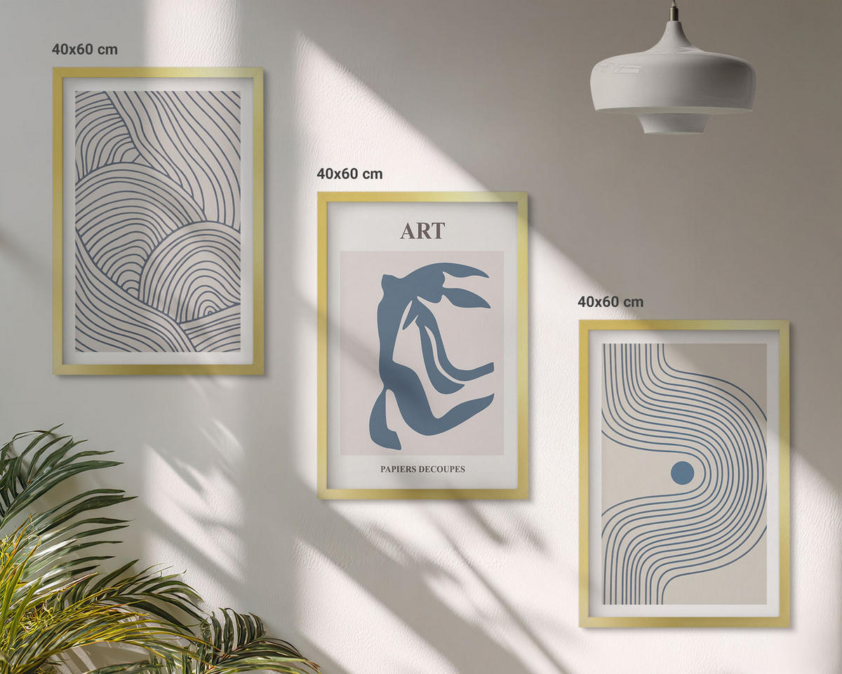 WANDBILDER 3er Set - 40x60 cm Goldrahmen - Abstrakte blaue Linien - Goldfarben, Kunststoff (40/60cm) - ArtPrintCave