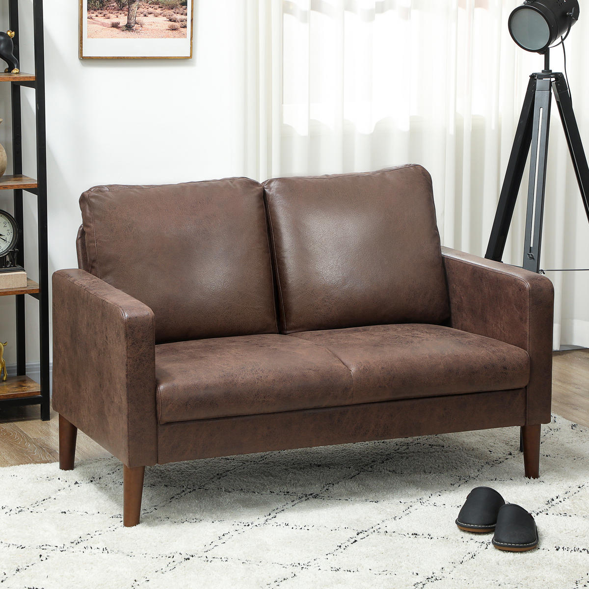 SOFA, 2-Sitzer, Lederoptik, Holzbeine, dunkelbraun, 130x78x85cm - Multicolor, Holzwerkstoff (130/85/78cm) - FORIOUS