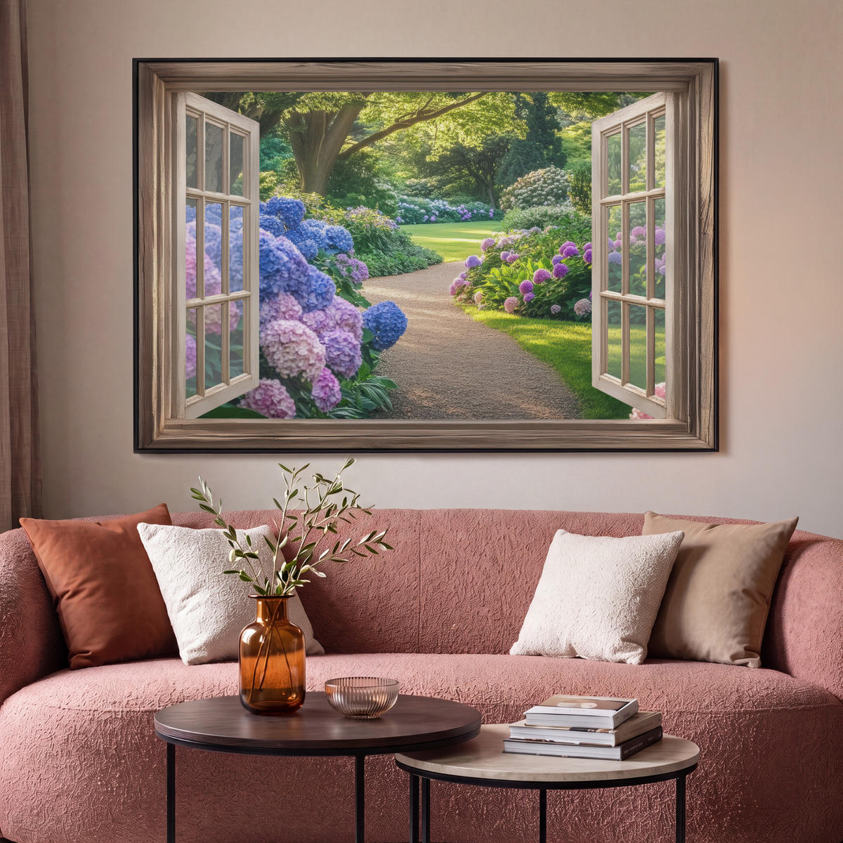 LEINWAND Bilder mit Rahmen - Aussicht - Garten - Fenster - Hortensie - Blumen - 150x100 - Pastellblau, Textil (150/100cm) - MuchoWow