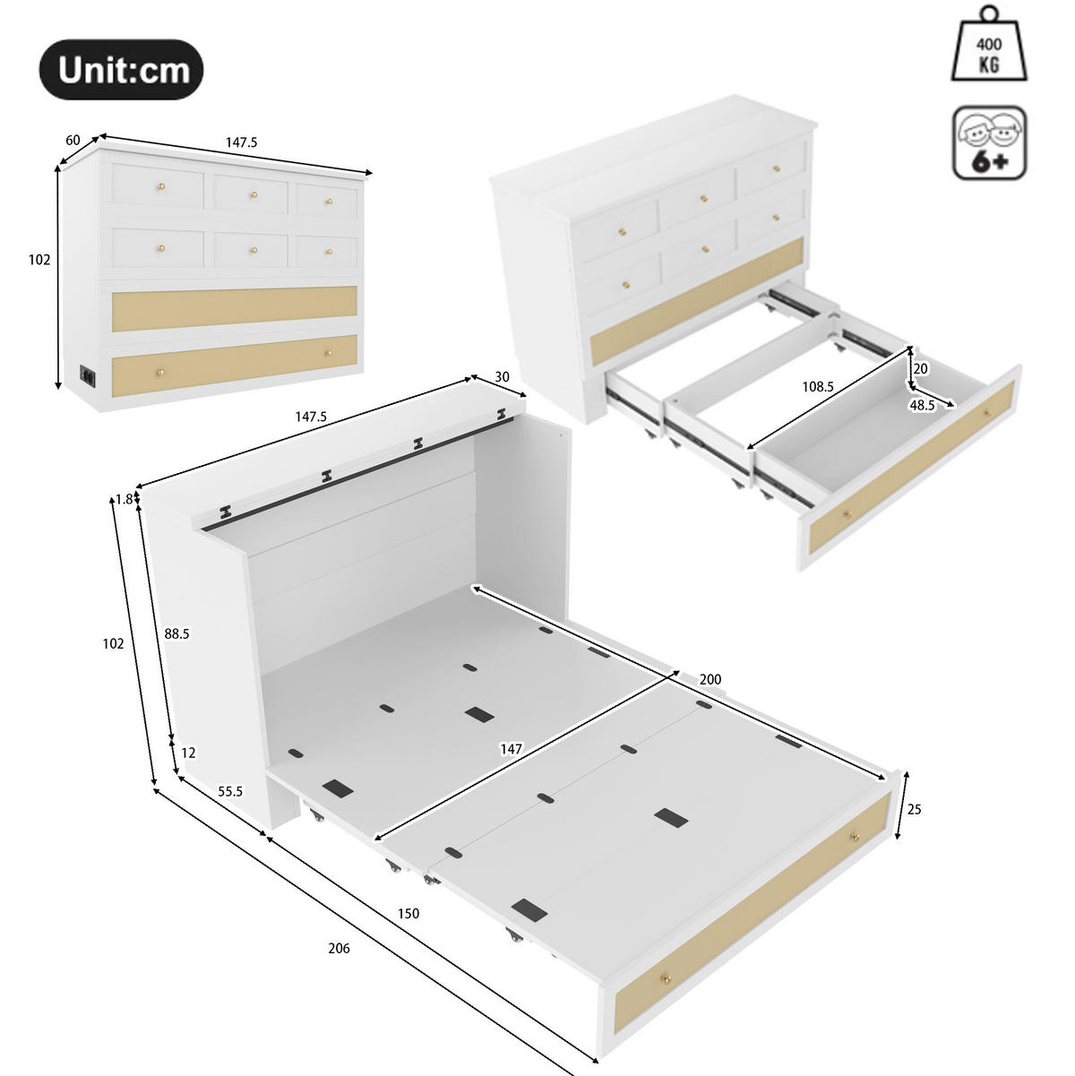 BETT 140/200 cm Weiß aus MDF mit USB und Steckdose - Weiß, Holzwerkstoff (140/200cm) - OKMYHOME