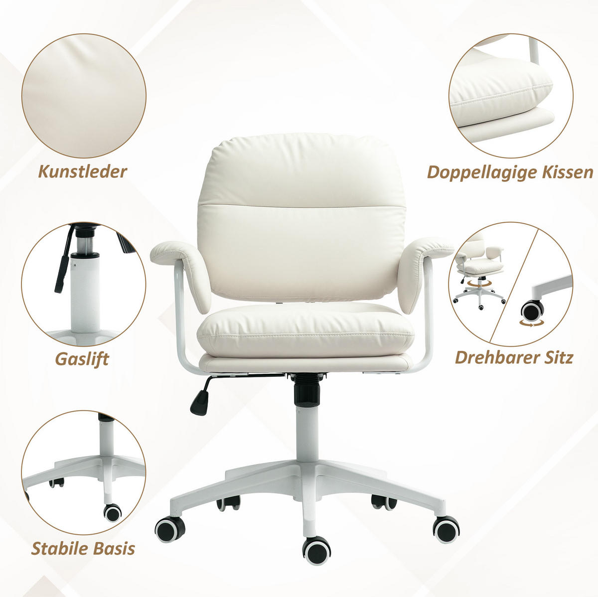 STUHL, höhenverstellbar und kippbar, gepolstert, Bonded Leather, 65/64/88-98 cm, weiß - Weiß, Kunststoff (64/98/65cm) - Redom