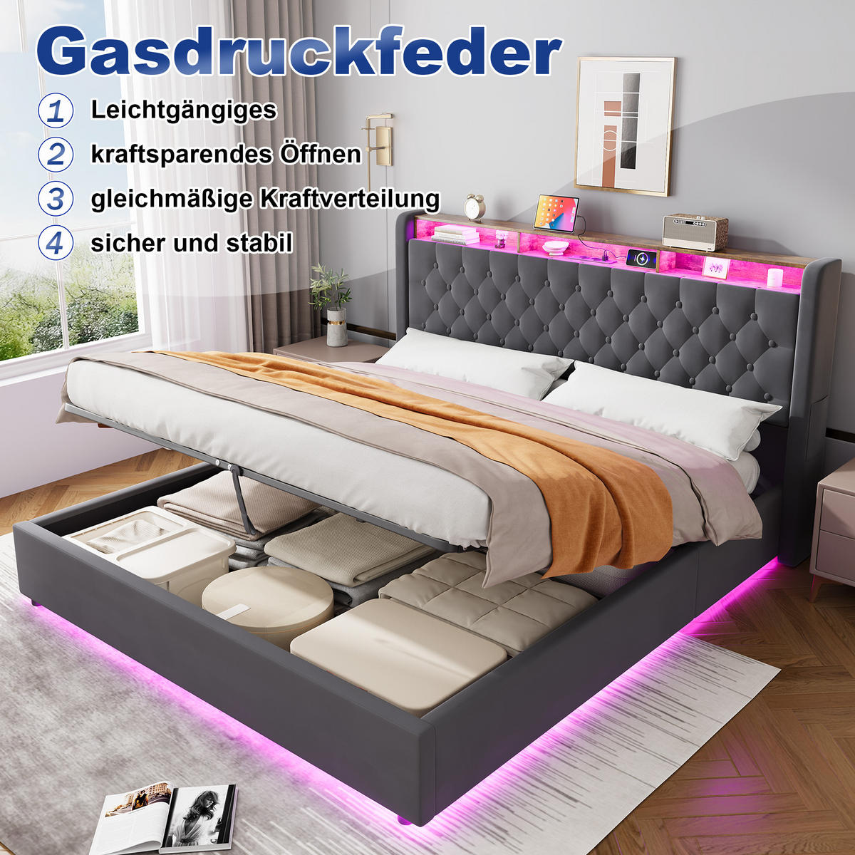 POLSTERBETT 180/200 cm in Dunkelgrau Samt mit Bettkasten, LED-Beleuchtung und USB-Anschluss - Dunkelgrau, Holzwerkstoff/Textil (180/200cm) - CHICFURN