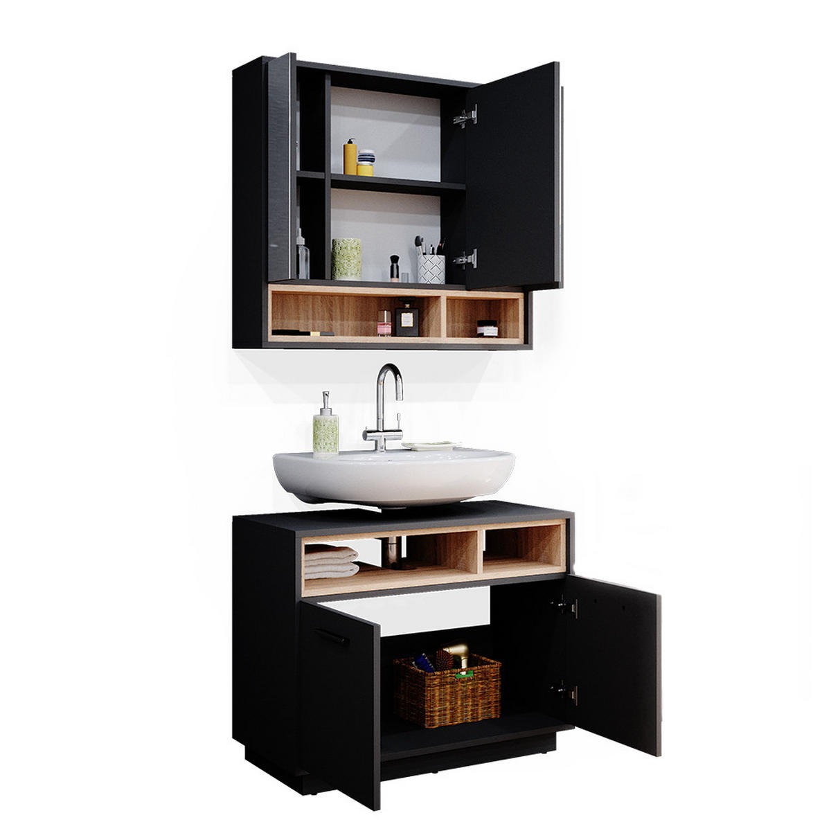BADMÖBEL-SET Beatrice Anthrazit 2 Teile - Anthrazit/Sonoma Eiche, Holzwerkstoff (80/64/40cm) - Vicco