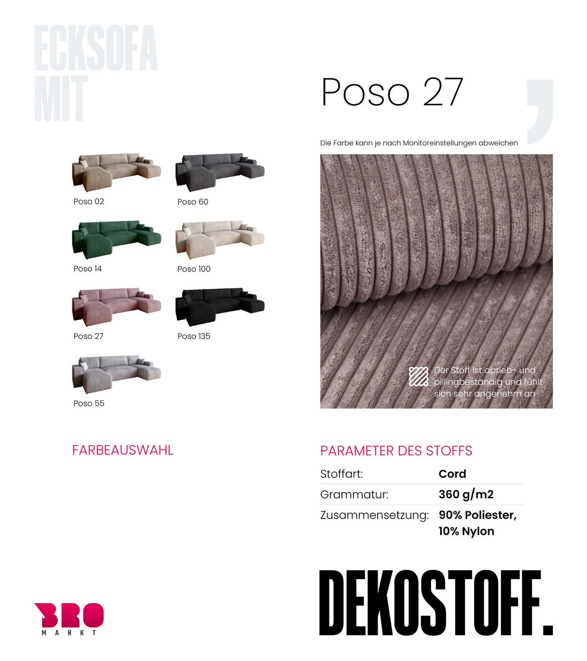 WOHNLANDSCHAFT PUMI mit Schlaffunktion Rosa Cord - Rosa, Textil (312/82/148cm) - Bromarkt