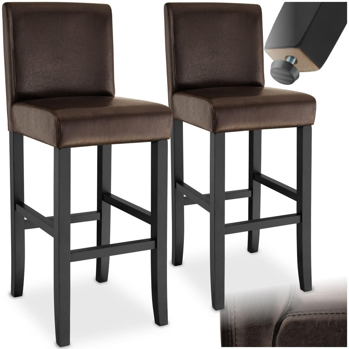 BARHOCKER 2er Set Kunstleder, Sitzhöhe 76 cm, antikbraun - Braun, Leder/Holz (40/107/41cm) - tectake