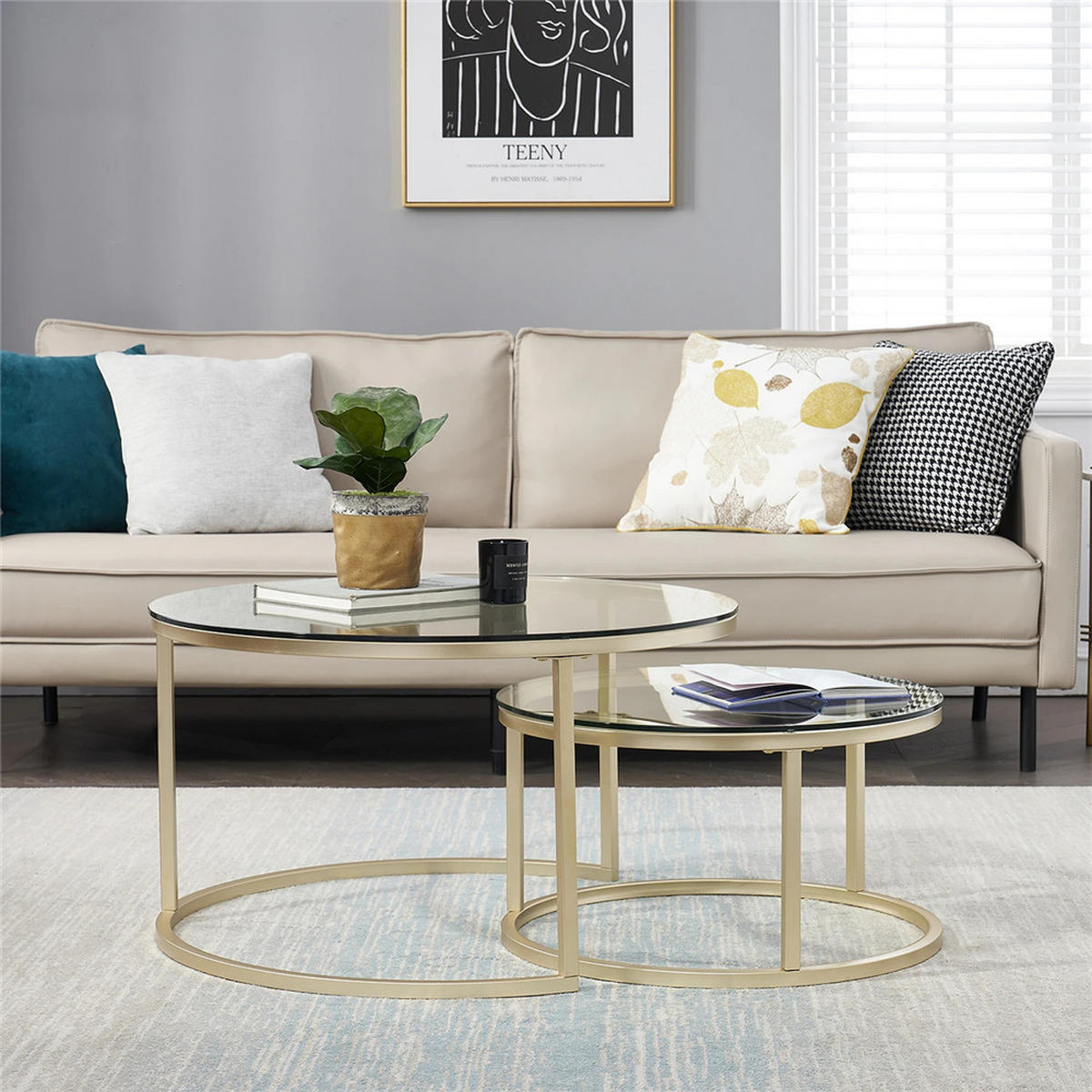 COUCHTISCH rund Glas Metall 2-in-1 Sofa Tisch modern - Goldfarben, Glas (60/60/45cm) - Kaket