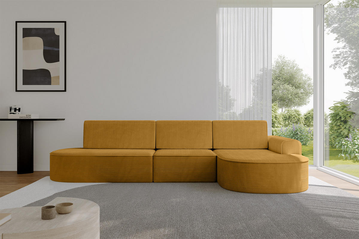 ECKSOFA mit Schlaffunktion Ottomane RECHTS MARI L2-S 368X167X85 Senfgelb Cord - Goldfarben/Schwarz, Holzwerkstoff/Kunststoff (167/368cm) - ALTDECOR