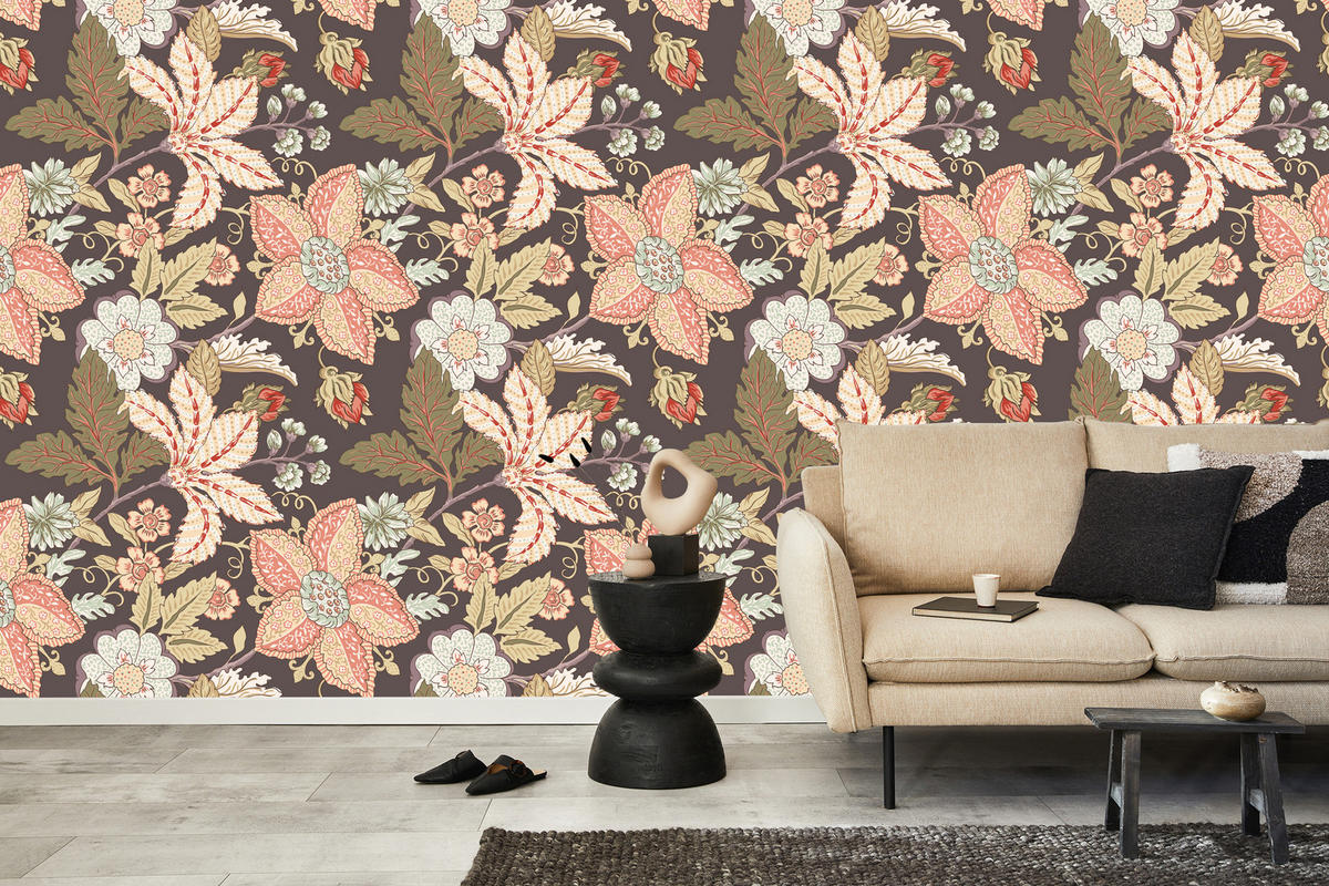 VLIESTAPETE Florale Ornamente im Retro-Stil – Rosa, Beige, Braun – 50x1000 cm - Beige/Rosa, Papier (50/1000cm) - Muralo
