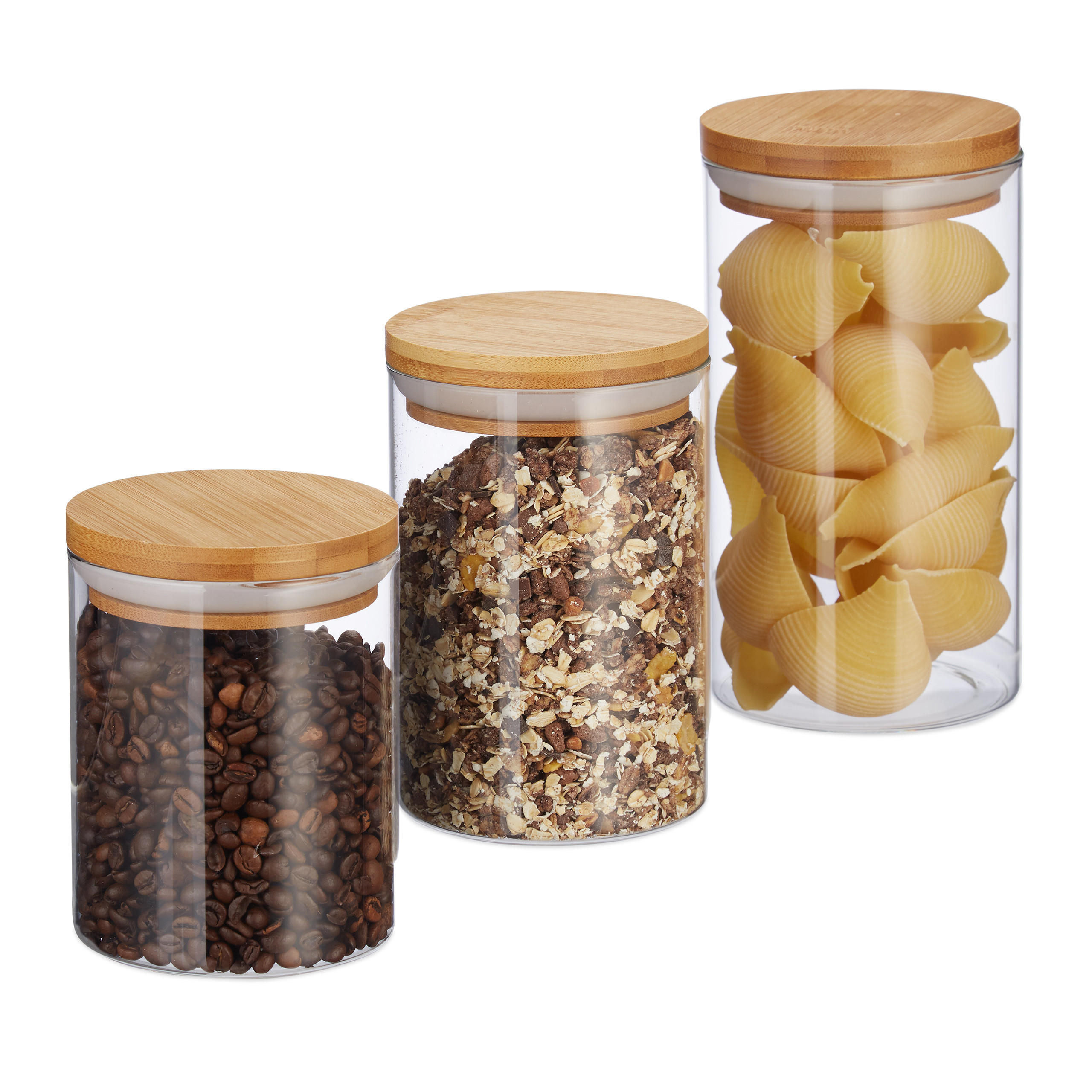 3XVORRATSDOSEN - Transparent, Glas/Holz - Relaxdays