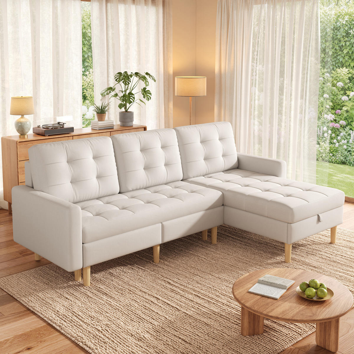 ECKSOFA L Form Stauraum Chaiselongue 3-Sitzer Beige 212cm - Beige, Textil (212/130cm) - FLIEKS
