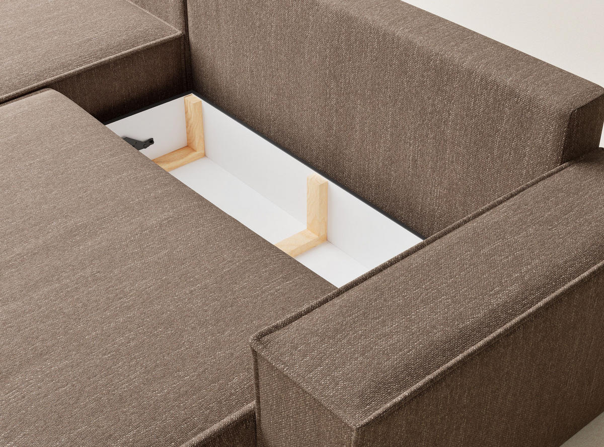 ECKSOFA MIT SCHLAFFUNKTION Maze Hellbraun Webstoff - Hellbraun/Schwarz, Holz/Holzwerkstoff (294/185cm) - Maison de Reve