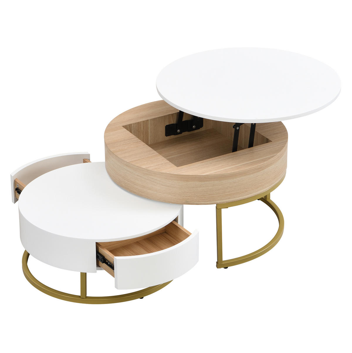 COUCHTISCH-SET 70/70/56 und 60/60/27 cm mit höhenverstellbarer Tischplatte und Schublade, Weiß/Gold - Weiß, Holzwerkstoff (70/70/56.5cm) - Redom