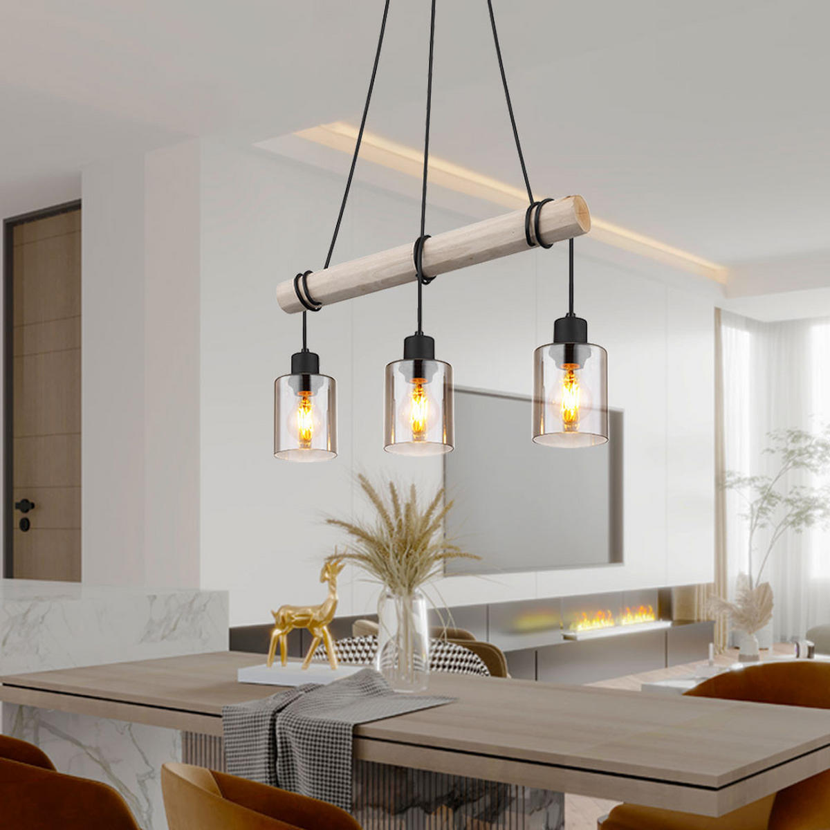 HÄNGELEUCHTE Holz Braun Glas rauchfarben - Braun, Holz (50/10/140cm) - Globo Lighting