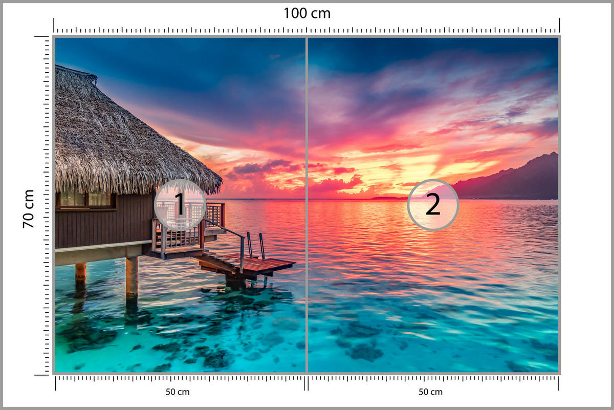 FOTOTAPETE für Wohnzimmer Sonnenuntergang Ozean Holzhütte 100x70 - Türkis/Blau, Papier (100/70cm) - Muralo