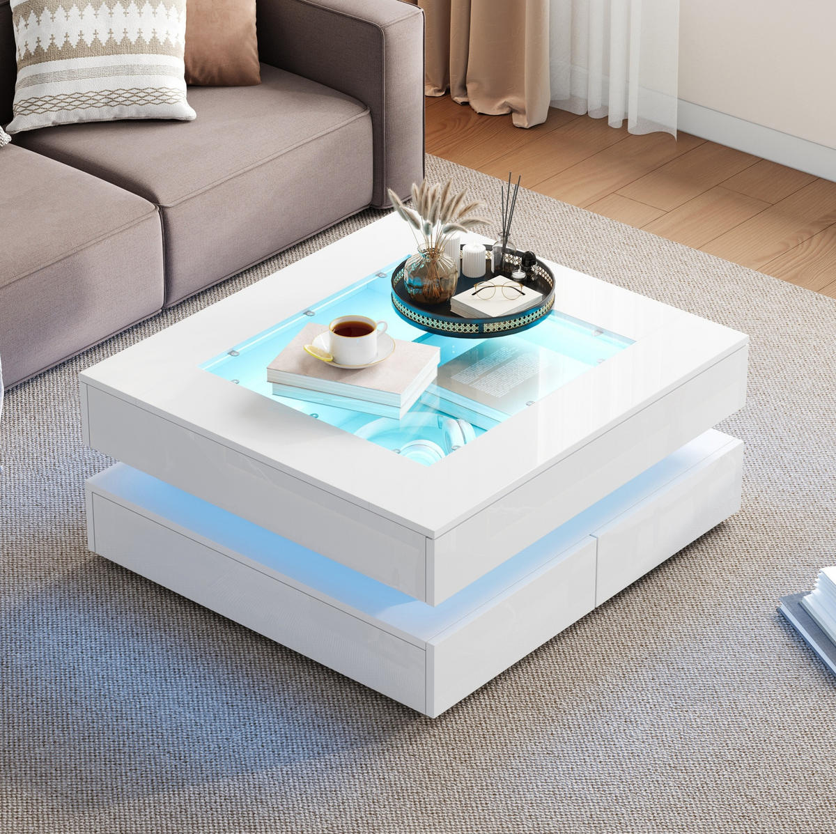 COUCHTISCH 70/70/35 cm mit LED-Beleuchtung, Glasplatte und 3 Schubladen, Weiß - Weiß, Holzwerkstoff (70/70/35cm) - Redom