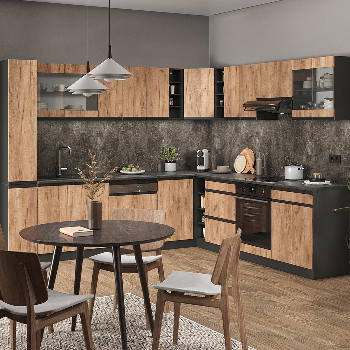 HÖRNKÖK R-Line, Goldkraft ek/antracit, 277 x 257 cm J-Shape, AP Ek - Honungsek/Antracit, Träbaserade material (277/81.6/60cm) - Vicco