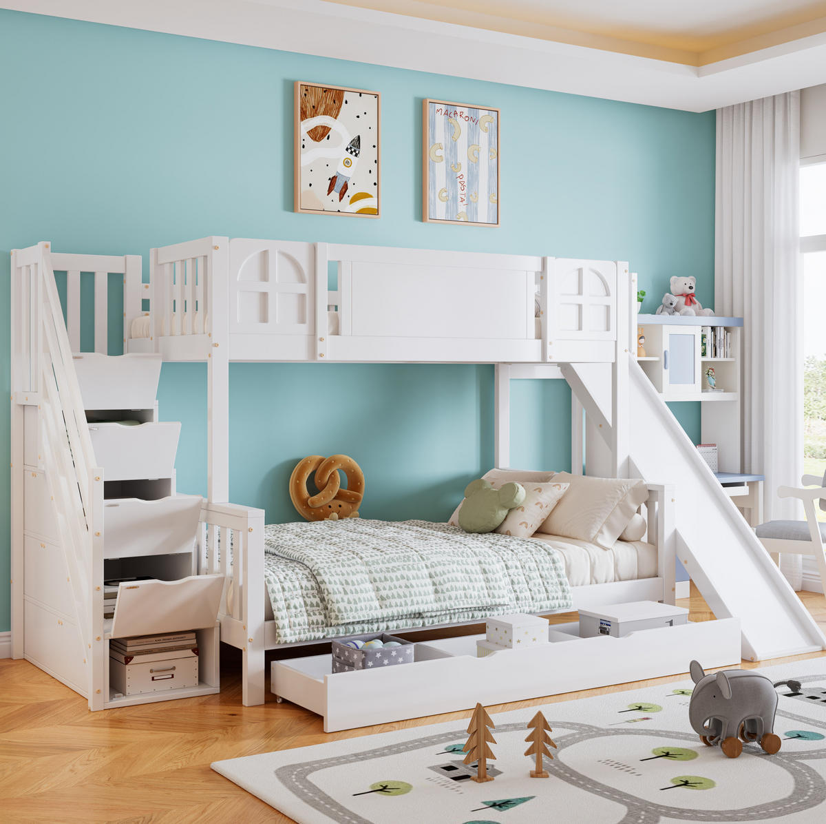 ETAGENBETT 90/200 & 120/200 cm aus Kiefer/MDF mit Rutsche und Stauraumtreppe Weiß - Weiß, Holzwerkstoff (90/200cm) - Modenvie