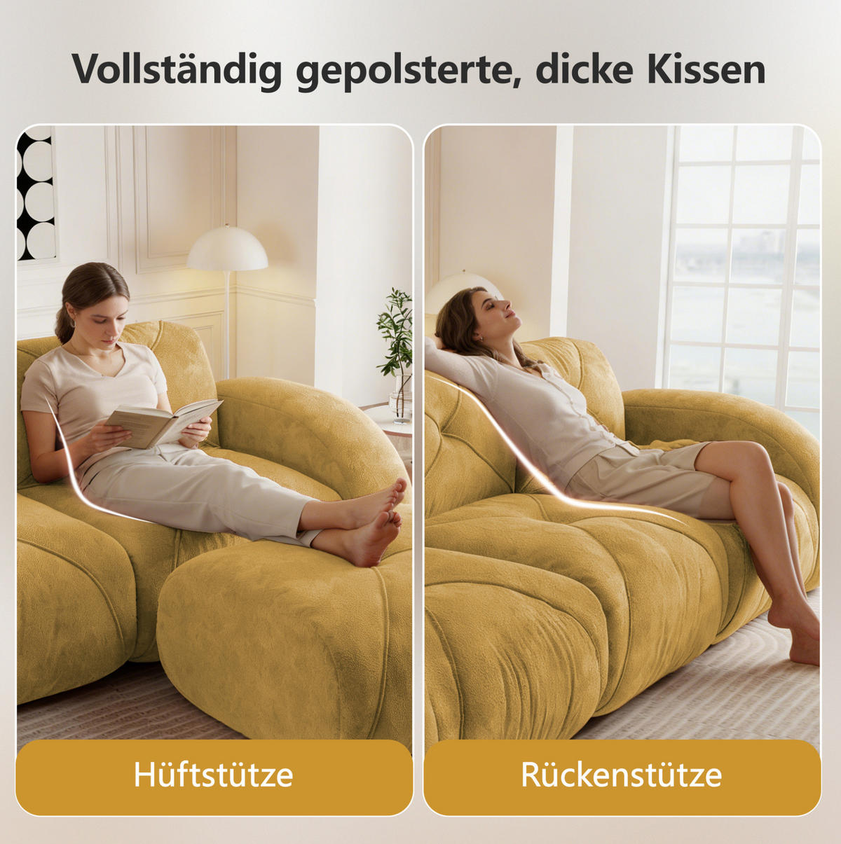 MODULSOFA 4-Sitzer aus Chenille mit rahmenlosem Design Gelb - Gelb, Textil (95/76/358cm) - Modenvie