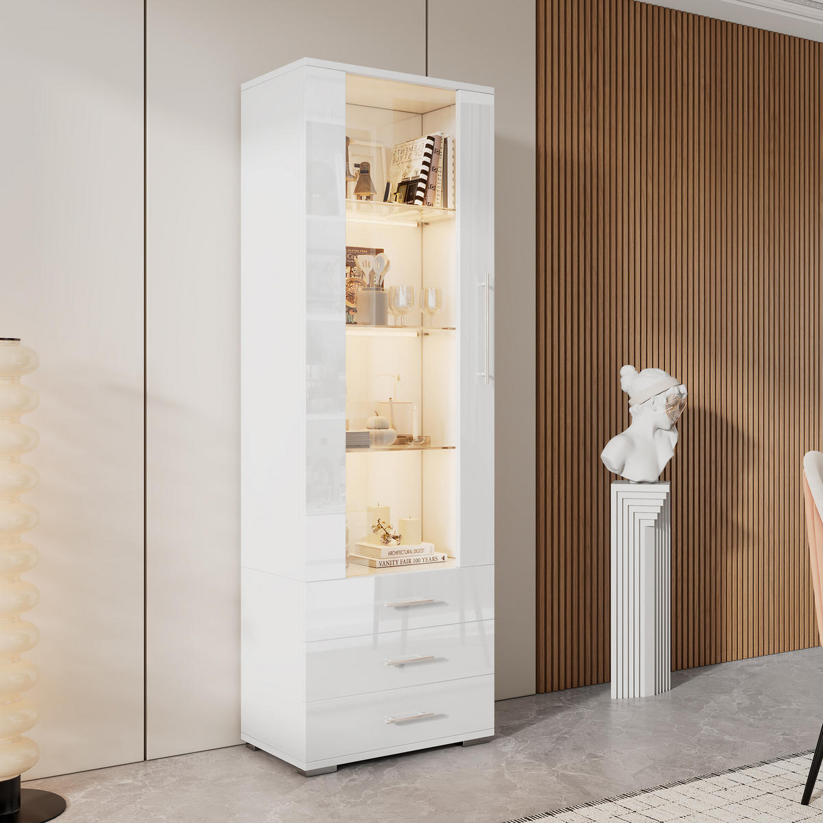 VITRINE in Weiß Standvitrine mit LED-Beleuchtung und 3 Schubladen für Wohnzimmer, B60/T35/H180cm - Transparent/Weiß, Glas/Holzwerkstoff (60/180/35cm) - STILVORA