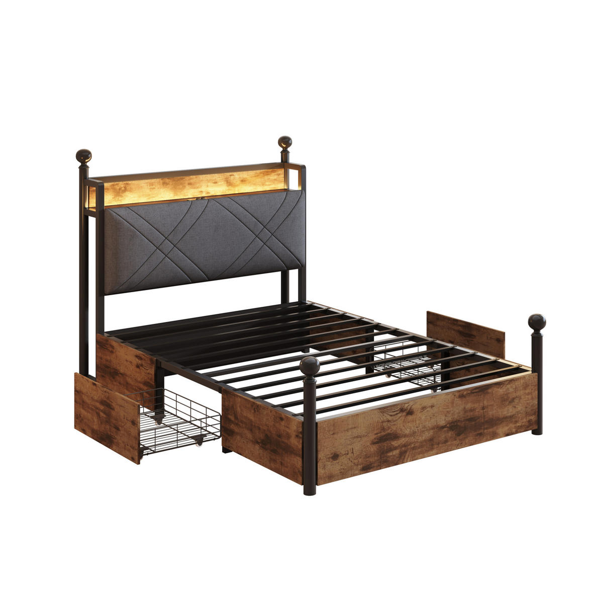BETT Multifunktionales 90/190 cm mit Stauraum und schwenkbarem Baldachin - Schwarz, Metall (90/190cm) - OKWISH