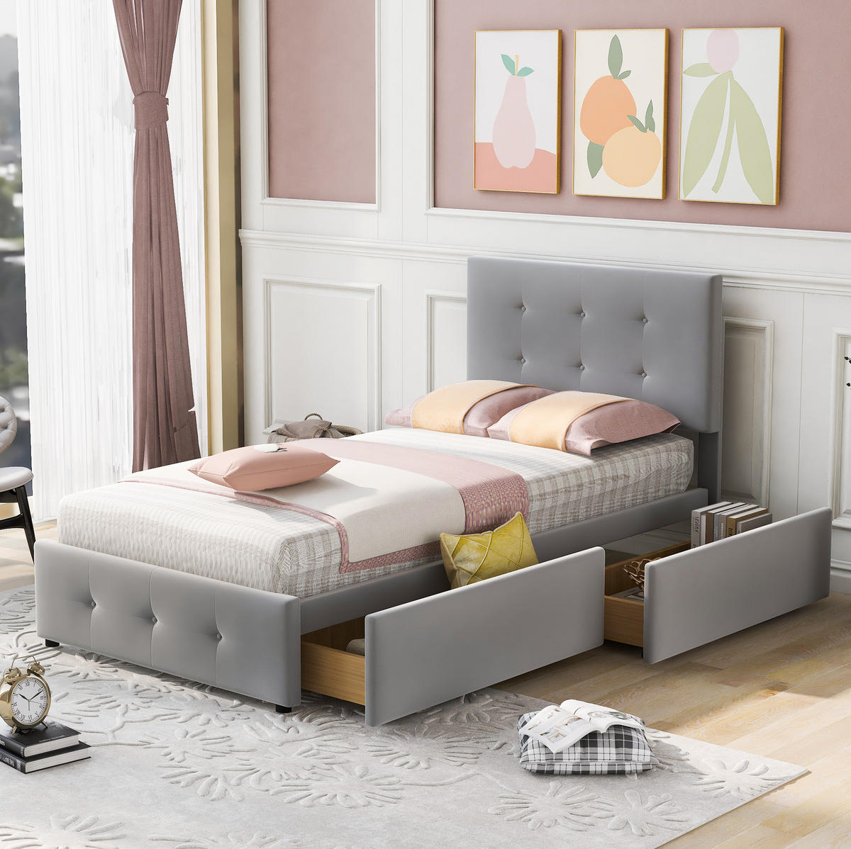 BETT mit Schublade und Lattenrost 90x200 cm Samt Grau - Grau, Holzwerkstoff (90/200cm) - Beauniv