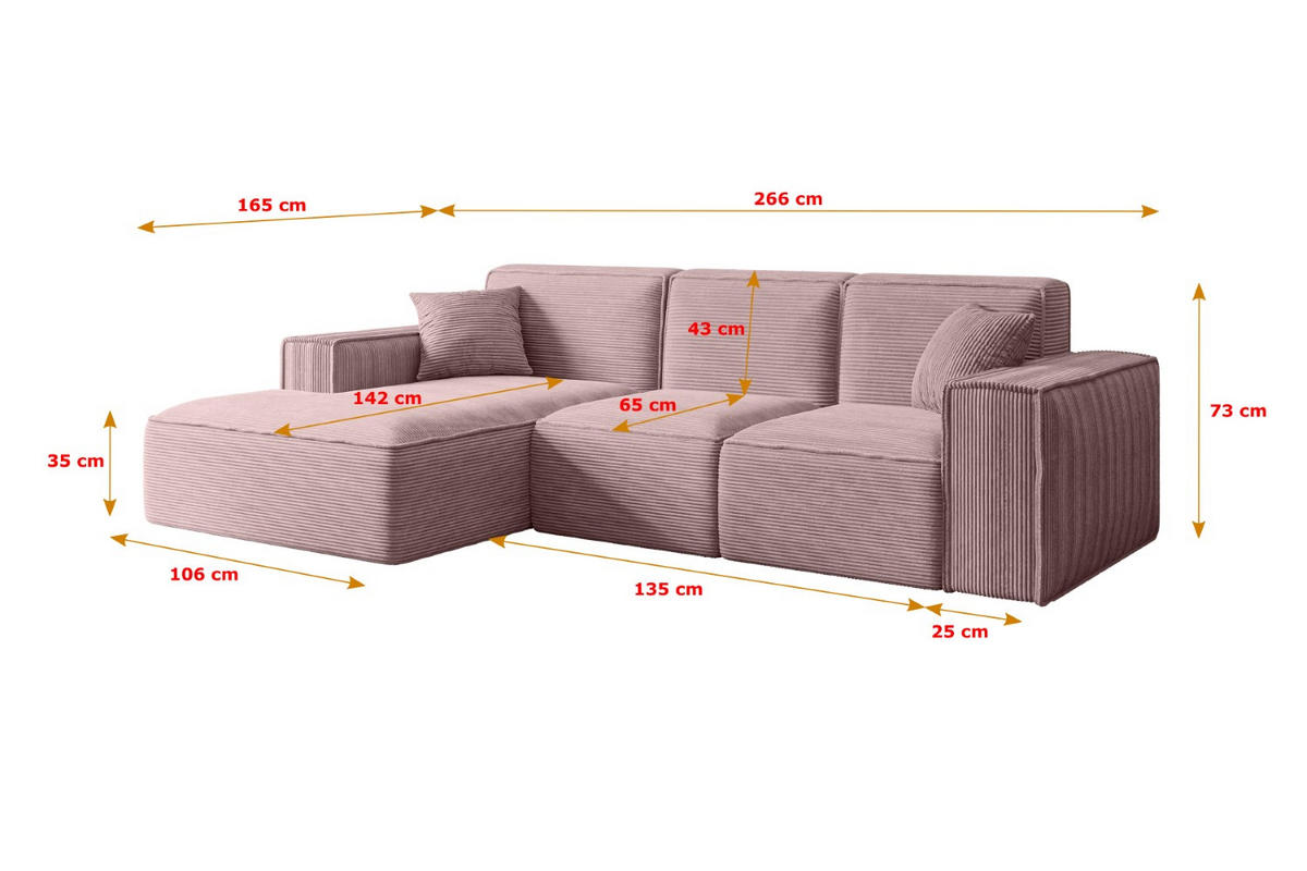 ECKSOFA Ottomane Rechts SERRA-L - 266x165x73 cm Rosa Cord - Schwarz/Rosa, Holzwerkstoff/Kunststoff (266/165cm) - ALTDECOR