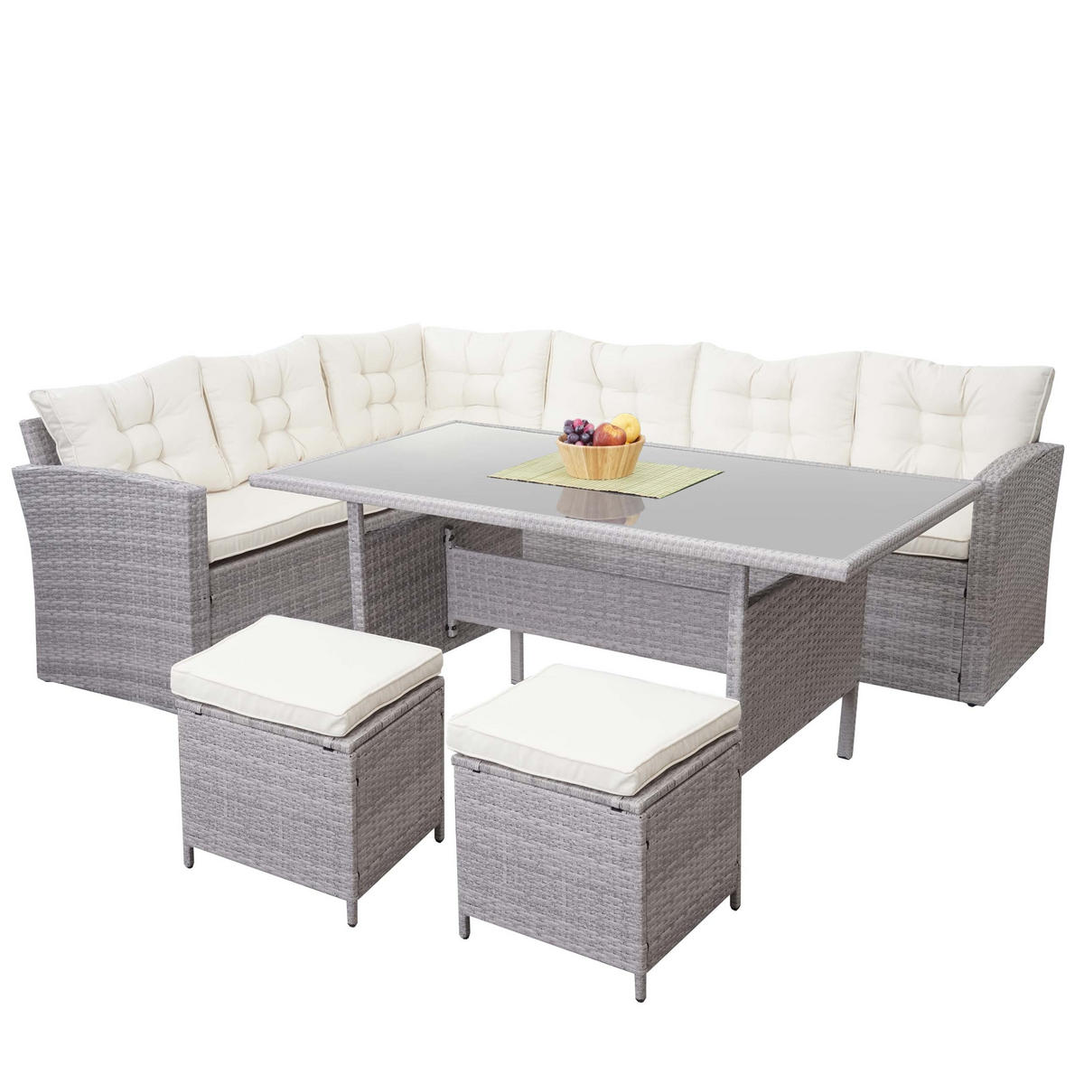 POLY-RATTAN-GARNITUR Hellgrau - Hellgrau, Kunststoff - MCW
