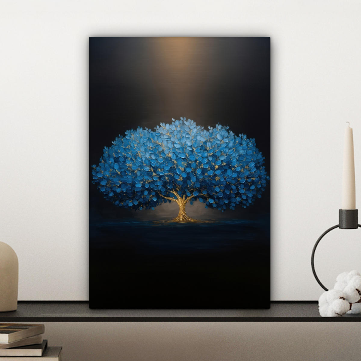 LEINWANDBILD Baum - Blau - Blätter - Pinselstriche Deko Wohnzimmer 20x30 cm - Blau, Textil (20/30cm) - MuchoWow