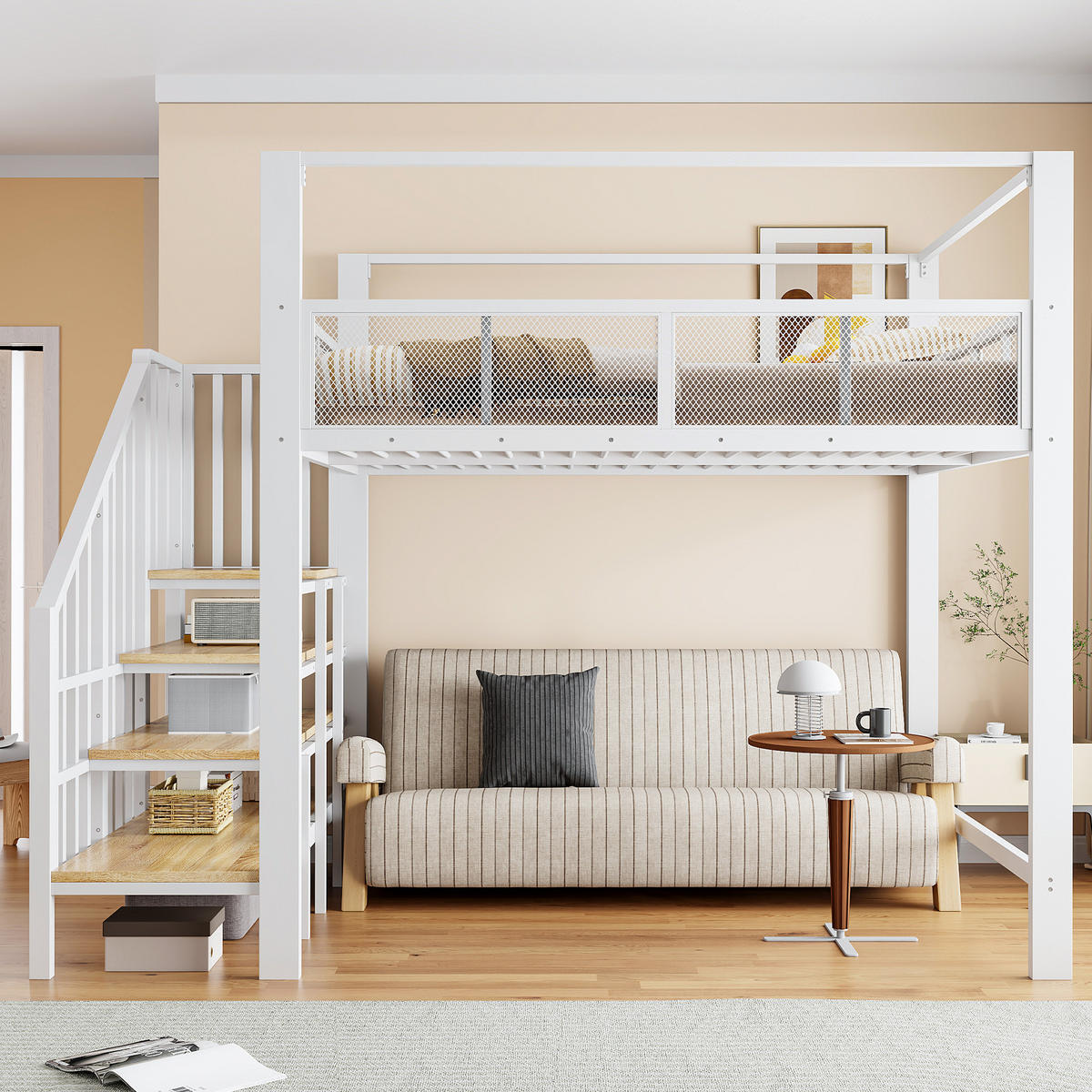 HOCHBETT Weiß 140×200cm mit Baldachin, Stauraumtreppe und freier Arbeitsfläche unter dem Bett - Weiß, Metall (140/200cm) - Luhomfu
