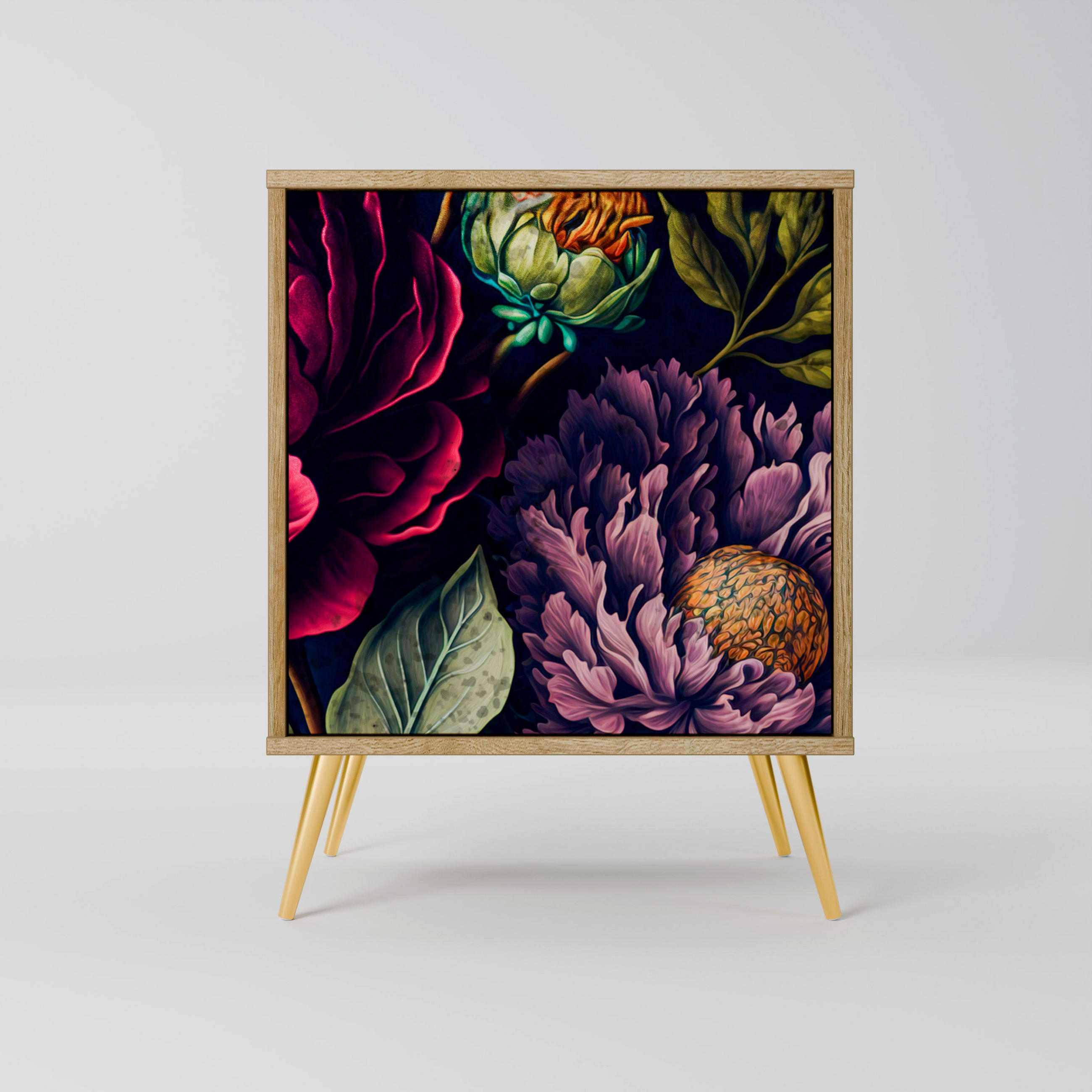 SIDEBOARD BLOOMING ELEGANCE, Eichefarben, 57,5x42x75,5 cm, Goldfarbene Metallfüße - Eichefarben/Goldfarben, Holzwerkstoff/Metall (57.5/75.5/42cm) - SpaceRebels