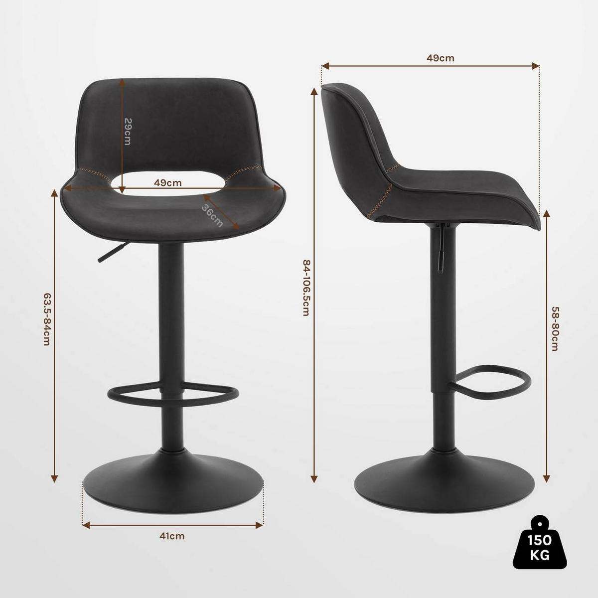 BARHOCKER 4er Set, Kunstleder Metall, Anthrazit - Anthrazit/Schwarz, Kunststoff/Metall (49/84/49cm) - Woltu