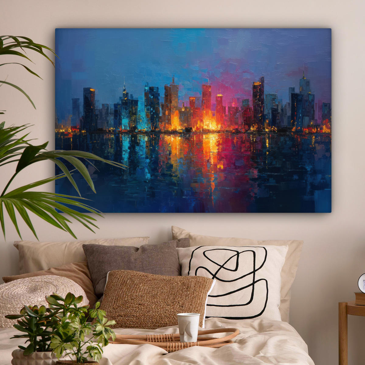 LEINWANDBILD Skyline - Pinselstriche - Dunkelblau - Leuchtend Groß 140x90 cm - Blau, Textil (140/90cm) - MuchoWow