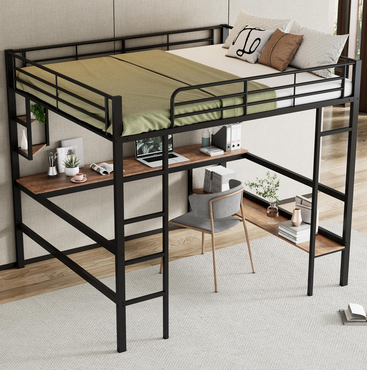 HOCHBETT mit Schreibtisch 140/200 cm in Schwarz – mit Regalen und Rausfallschutz - Schwarz, Metall (140/200cm) - BEAOK