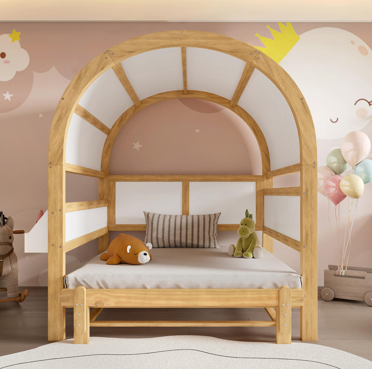 KINDERBETT 140/200 cm mit Ausziehbett, gewölbtem Dach und Ablagefläche, Weiß/Natur - Weiß, Holzwerkstoff (140/200cm) - Redom