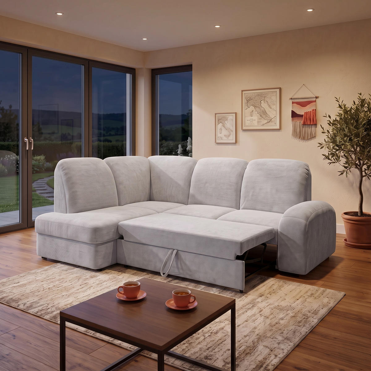 ECKSOFA VIBE L Links mit Schlaffunktion 129x205 Chenille Hellgrau - Hellgrau/Schwarz, Holz/Kunststoff (186/250cm) - Muffo