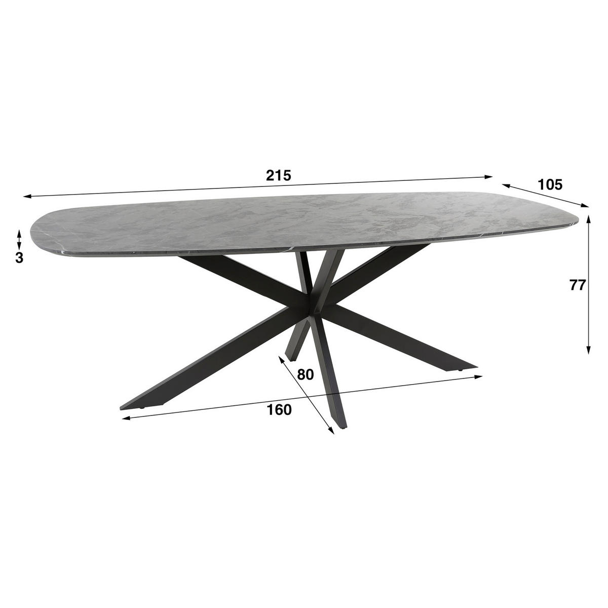 ESSTISCH ONYX CROCE GRANDE XXL Dänisch-Ovaler Tisch in dunkler Graphit-Steinoptik 215cm - Schwarz, Holz (215/105/77cm) - alesvelt