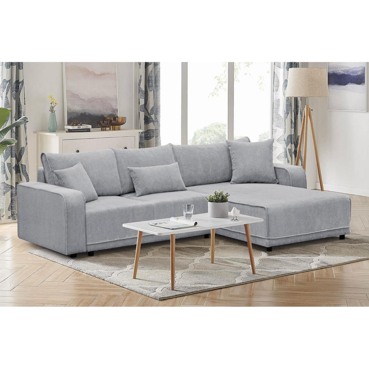 ECKSCHLAFSOFA Primo L hellgrau - Hellgrau/Schwarz, Textil (290/185cm) - Beautysofa