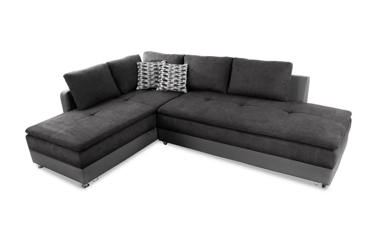 ECKSOFA-DAUERSCHLÄFER Doppelbett Boxspring Federkern Topper, Schwenkteil rechts B306/T223/H95 cm, Kunstleder Grau+Mikrofaser Anthrazit / 15106 - Chromfarben/Anthrazit, Textil/Metall (306/223cm) - luma-home