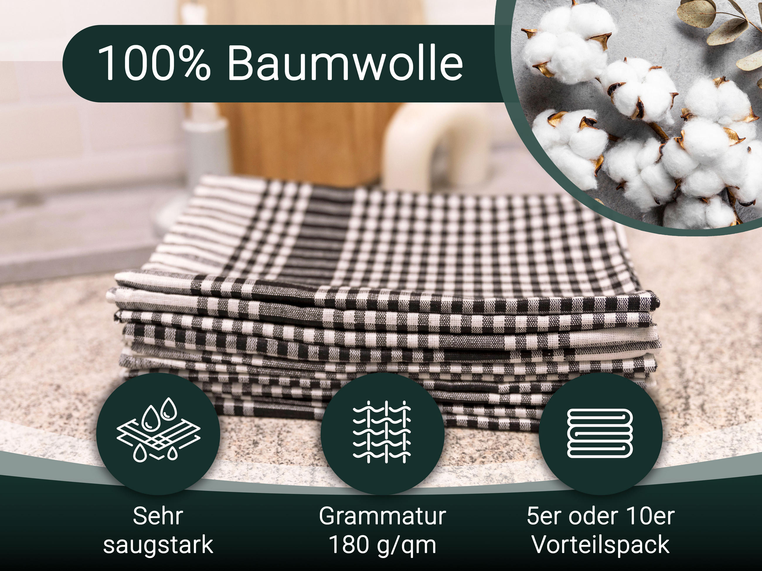 GESCHIRRTÜCHER, 5er-Set, 50x70 cm, 100% Baumwolle, Schwarz - Schwarz, Textil (50/70cm) - Zollner