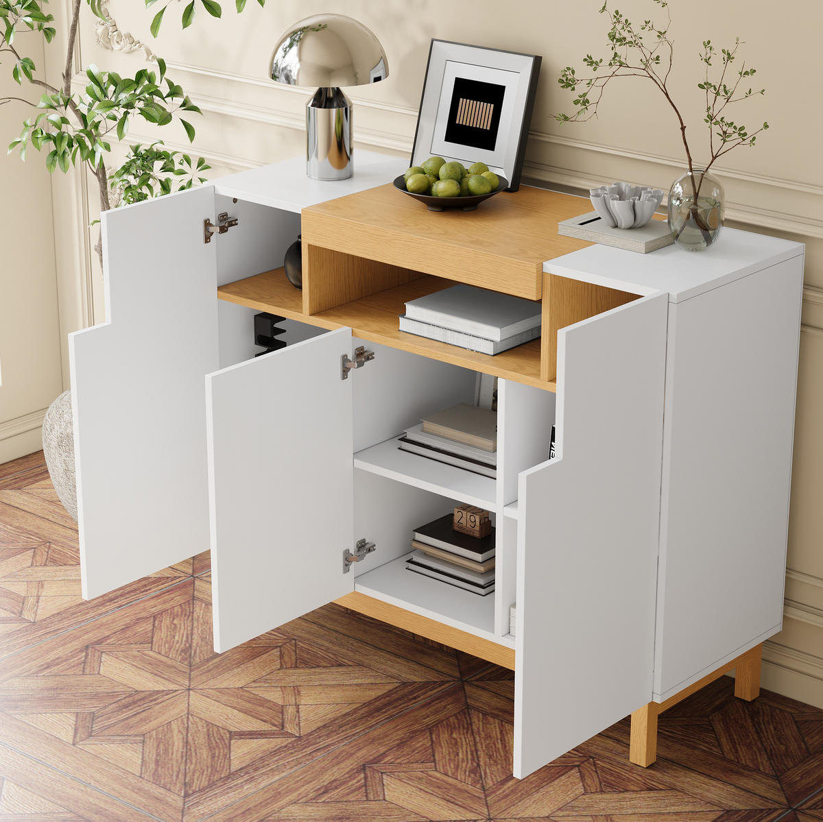 SIDEBOARD 120,5/42/96 cm in Weiß mit 3 Türen und offenem Fach - Weiß, Holzwerkstoff (120.5/96/42cm) - Flora Grace