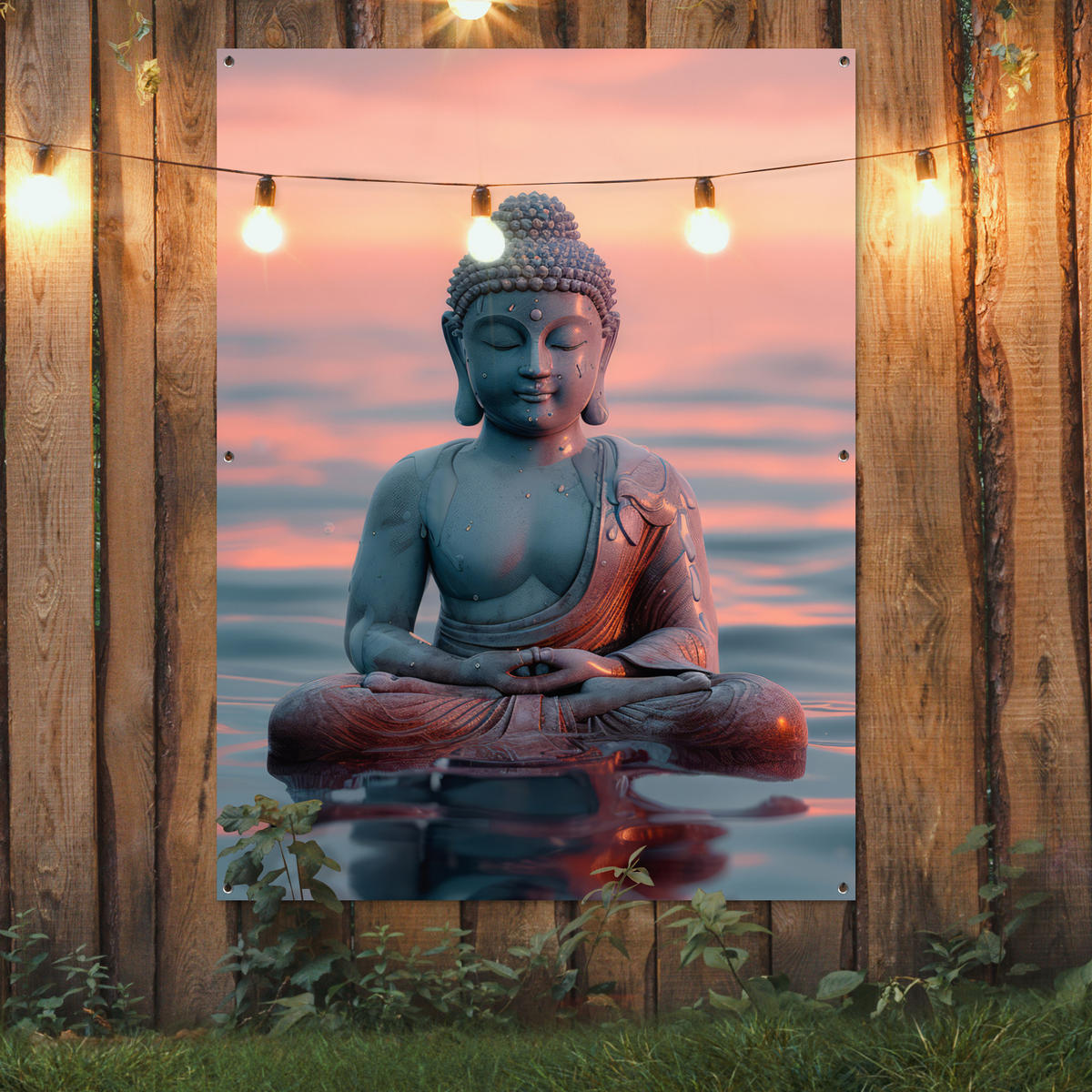 ZAHRADNÍ PLAKÁT Buddha - Socha - Buddha - Voda - Umění - Buddha 120x160 cm - šedohnědá, plast (120/160/0.2cm) - OnlyWow