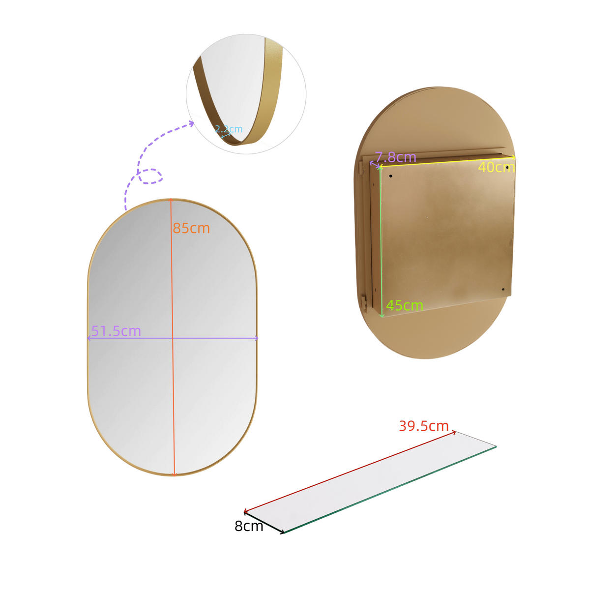 SPIEGELSCHRANK oval mit goldenem Metallrahmen – Wandschrank mit Spiegel & verstellbaren Ablagen, für Bad, Wohn- & Schlafzimmer - Goldfarben, Metall (51.5/12/85cm) - Ej. Life