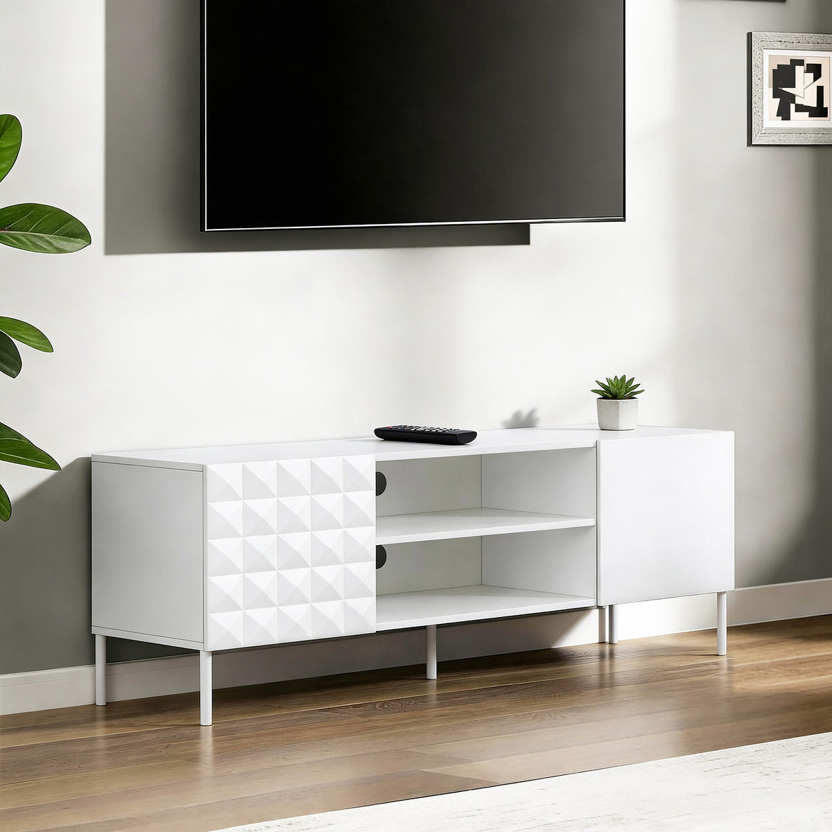 TV Lowboard Holz Weiß, Modernes TV Schrank für Fernseher bis zu 65 Zoll, 140 × 40 × 50 cm - Weiß, Holzwerkstoff/Metall (140/50/40cm) - Hometopia