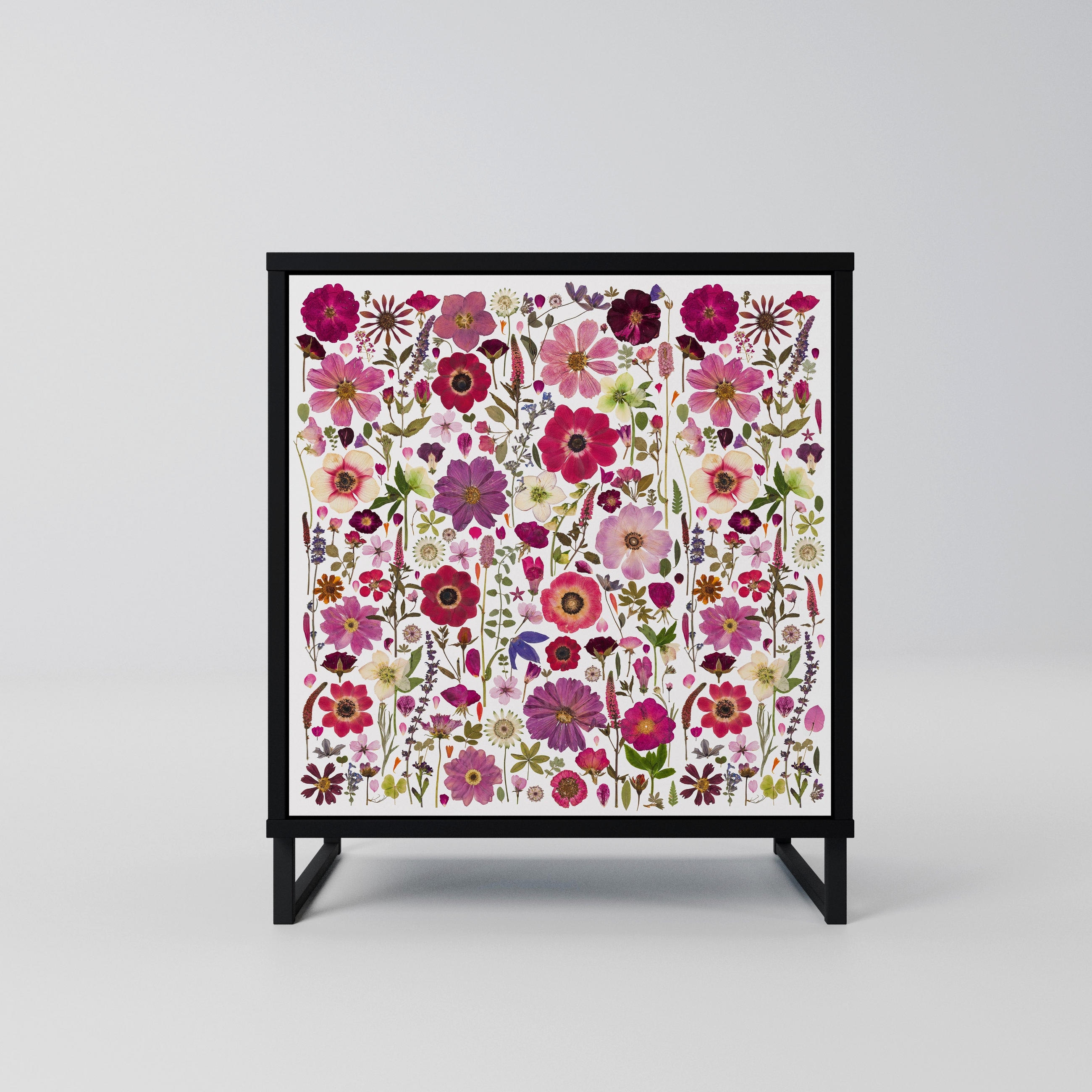 SIDEBOARD PETAL GARDEN, Schwarz, 57,5x42x67,5 cm, Schwarze Metall-Rahmenfüße - Multicolor/Schwarz, Holzwerkstoff/Metall (57.5/67.5/42cm) - SpaceRebels