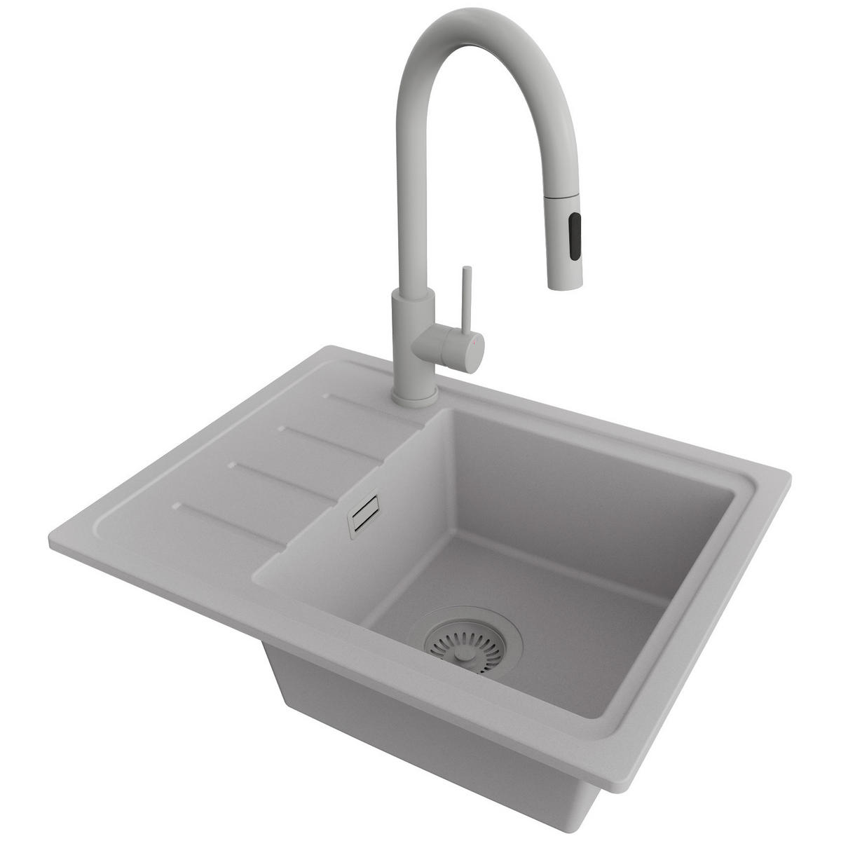 GRANITSPÜLE Kopenhagen Easy, 2-er set Grau 55/44 cm 1 Becken + Küchenarmatur 40/20 cm + Ablauf-Set ab 45er Unterschrank - Grau, Kunststoff (55/17/44cm) - Primagran