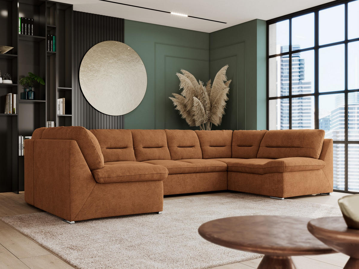 WOHNLANDSCHAFT COMODO U Orange Struktur - Silberfarben/Orange, Textil/Metall (340/93/206cm) - MKS